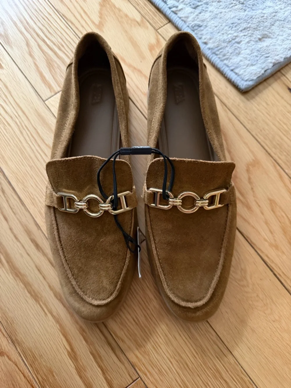 Zara Brown Suede Loafers with Gold Chain Detail - Picture 1 of 3